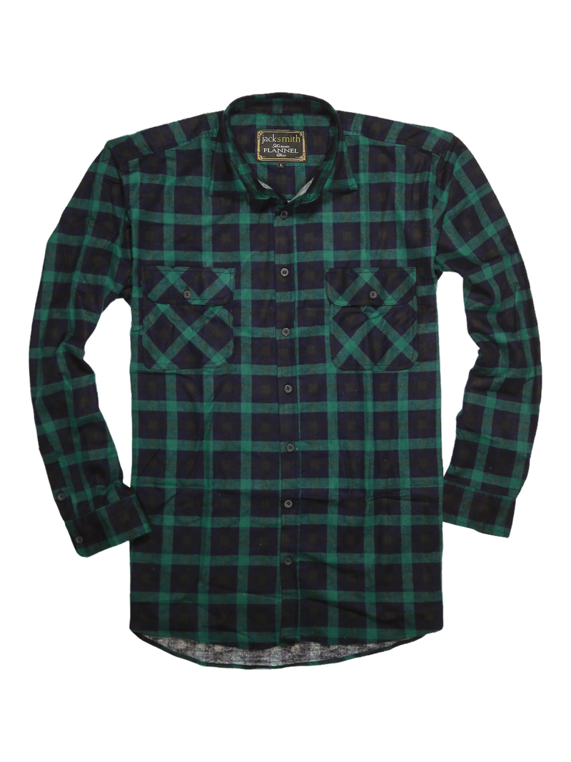 Mens 100% Cotton Flannelette Shirt Long Sleeve Check Authentic Flannel - Green/Navy - 7XL