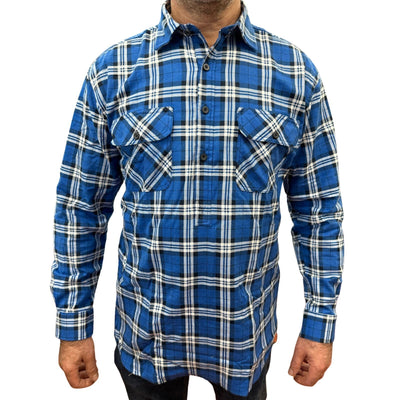 Mens Flannelette Long Sleeve Pullover Shirt 100% Cotton Flannel - Half Placket - Navy - L
