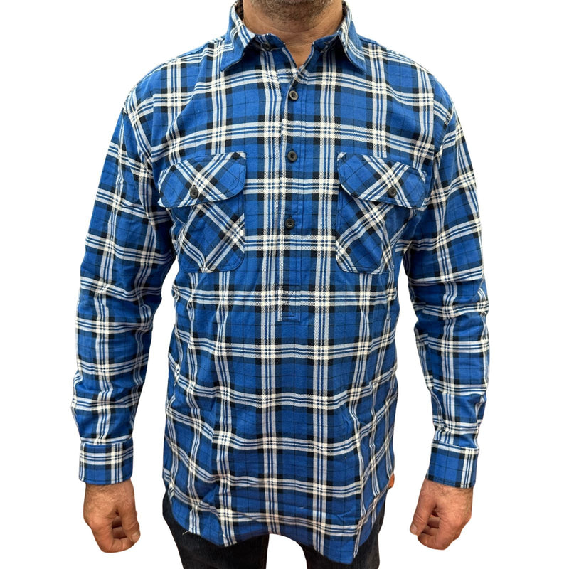Mens Flannelette Long Sleeve Pullover Shirt 100% Cotton Flannel - Half Placket - Navy - L