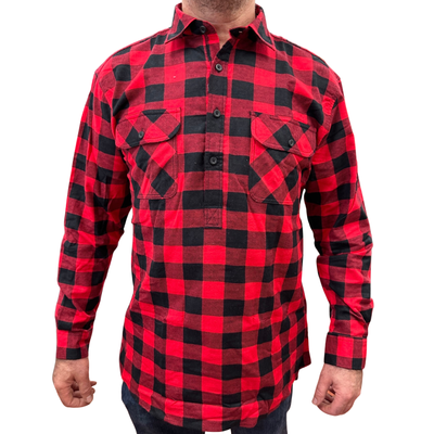 Mens Flannelette Long Sleeve Pullover Shirt 100% Cotton Flannel - Half Placket - Red/Black - L