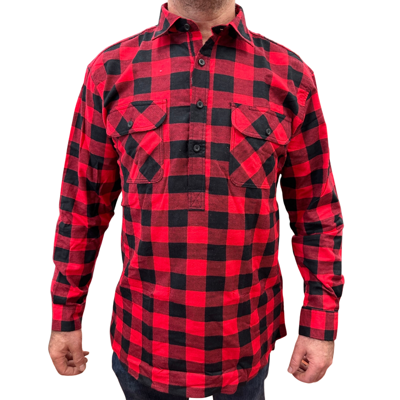 Mens Flannelette Long Sleeve Pullover Shirt 100% Cotton Flannel - Half Placket - Red/Black - L