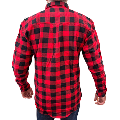 Mens Flannelette Long Sleeve Pullover Shirt 100% Cotton Flannel - Half Placket - Red/Black - L