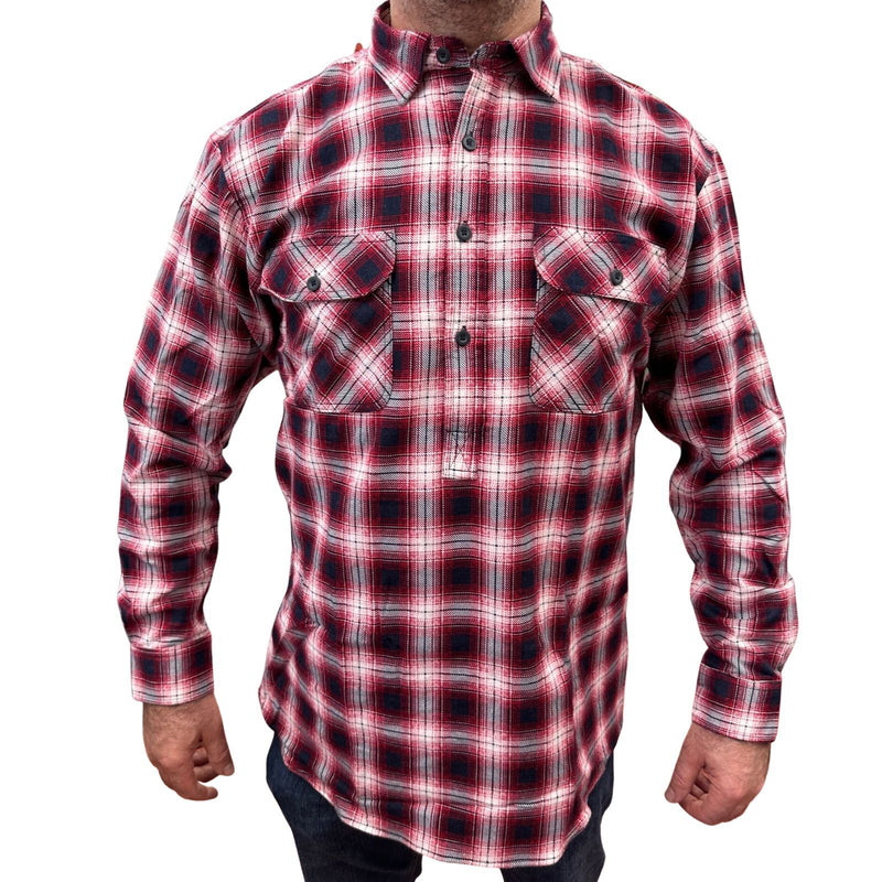Mens Flannelette Long Sleeve Pullover Shirt 100% Cotton Flannel - Half Placket - Red/Black - 7XL