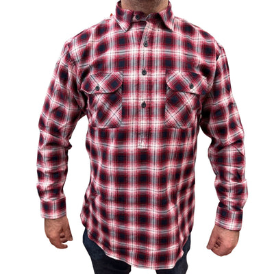 Mens Flannelette Long Sleeve Pullover Shirt 100% Cotton Flannel - Half Placket - Red/Black - 9XL