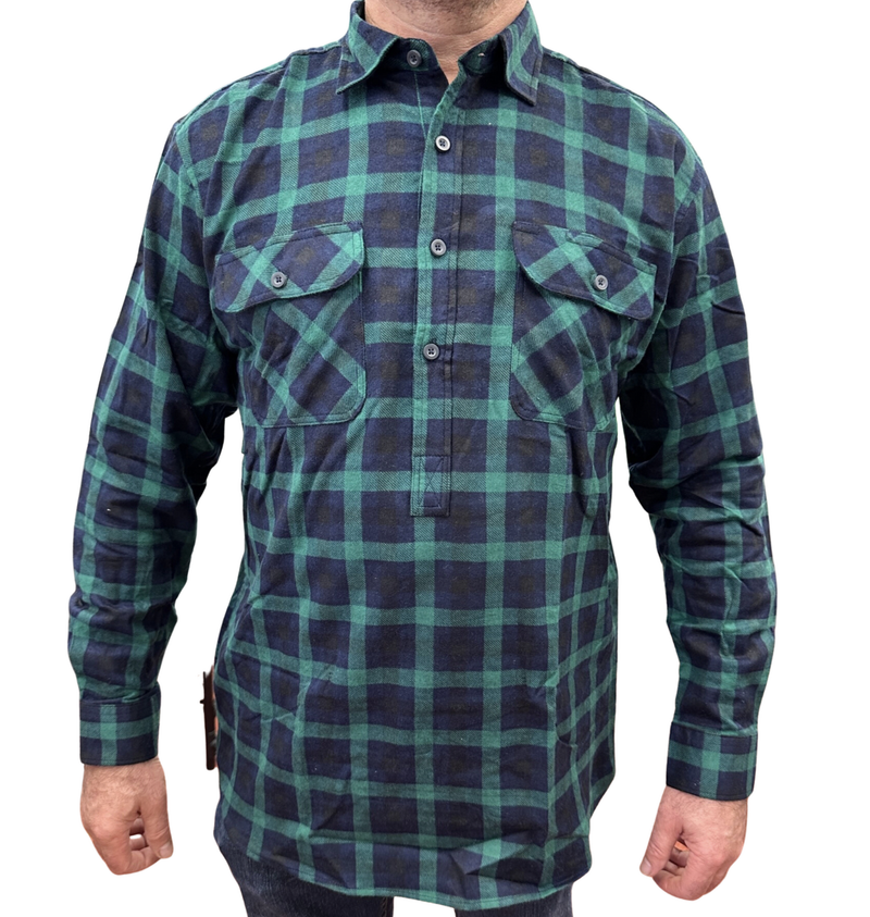 Mens Flannelette Long Sleeve Pullover Shirt 100% Cotton Flannel - Half Placket - Green/Navy - 4XL