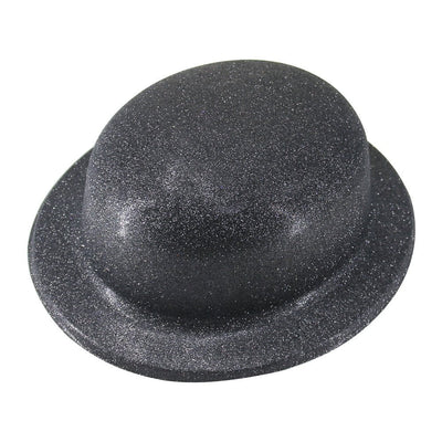 GLITTER BOWLER HAT Fancy Party Plastic Costume Cap Fun Dress Up Sparkle - Black