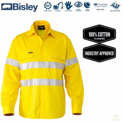 BISLEY 3M Taped Hi Vis Cool Vent Long Sleeve Industrial Shirt Workwear Cotton - BS6445T_BBLY - 5XL