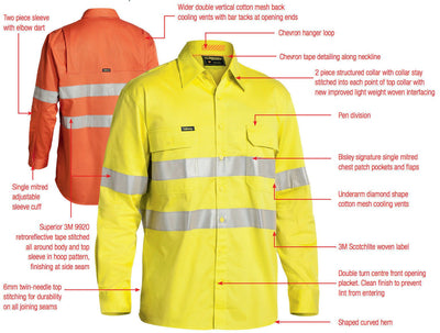 BISLEY 3M Taped Hi Vis Cool Vent Long Sleeve Industrial Shirt Workwear Cotton - BS6445T_BBLY - 5XL