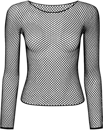LONG SLEEVE FISHNET TOP Blouse T Shirt Tee Costume Party See Through - Black