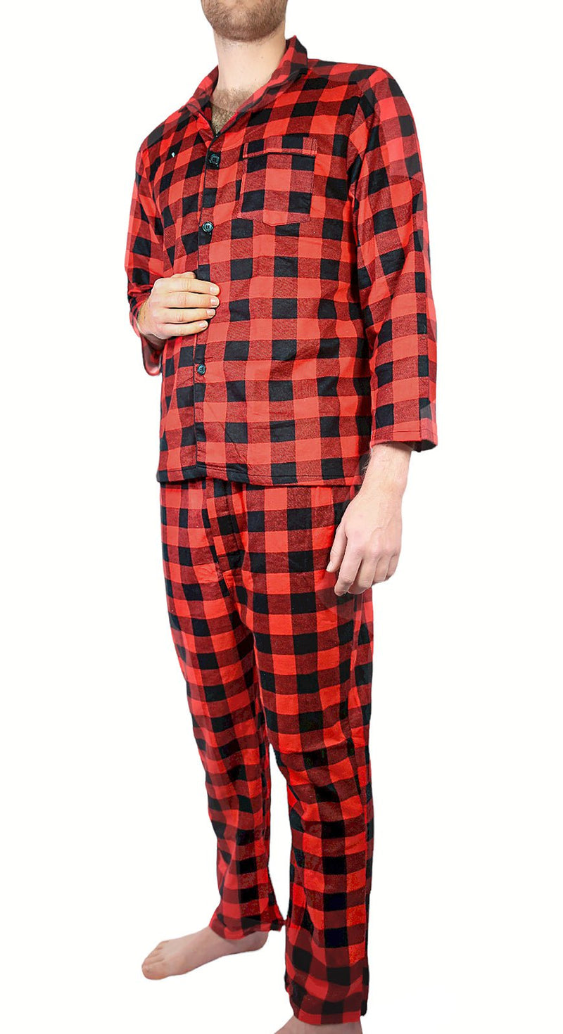 Mens Flannelette Pyjama Set Sleepwear Soft 100% Cotton PJs Two Piece Pajamas - Red - XXL