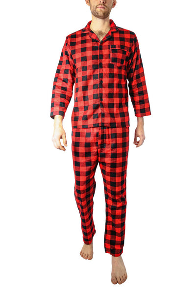 Mens Flannelette Pyjama Set Sleepwear Soft 100% Cotton PJs Two Piece Pajamas - Red - XXL