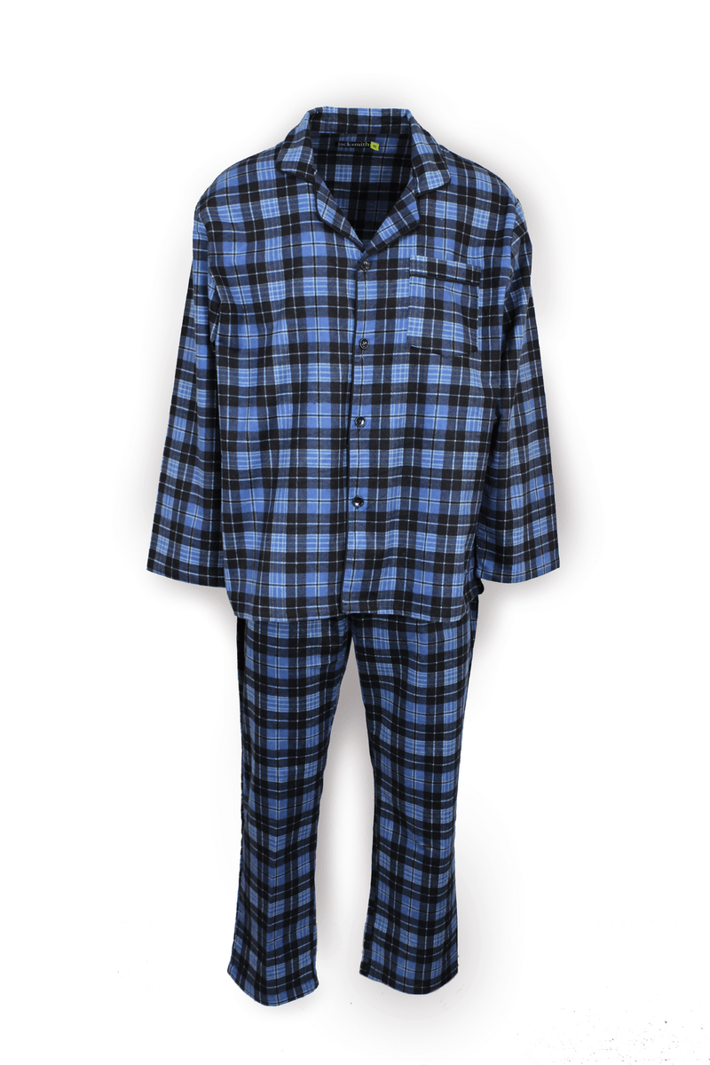 Mens Flannelette Pyjama Set Sleepwear Soft 100% Cotton PJs - Blue Check - XL