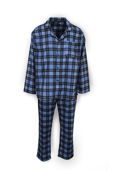 Mens Flannelette Pyjama Set Sleepwear Soft 100% Cotton PJs - Blue Check - XL