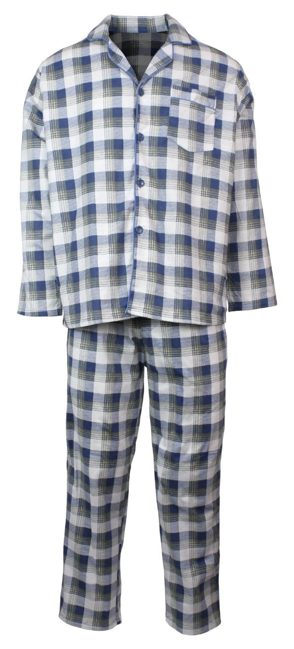 Mens Flannelette Pyjama Set Sleepwear Soft 100% Cotton PJs Two Piece - Light Blue Check - XXL