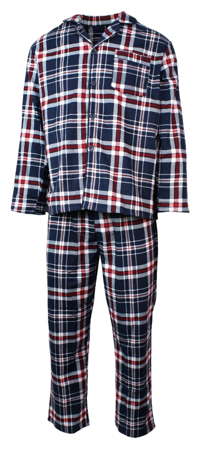 Mens Flannelette Pyjama Set Sleepwear Soft 100% Cotton PJs Two Piece - Navy/Red Check - L