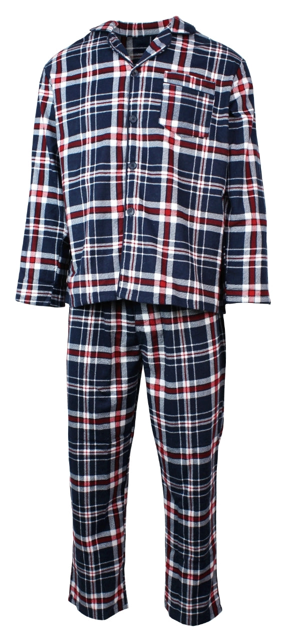 Mens Flannelette Pyjama Set Sleepwear Soft 100% Cotton PJs Two Piece - Navy/Red Check - L
