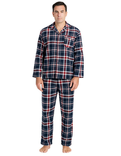 Mens Flannelette Pyjama Set Sleepwear Soft 100% Cotton PJs Two Piece - Navy/Red Check - L