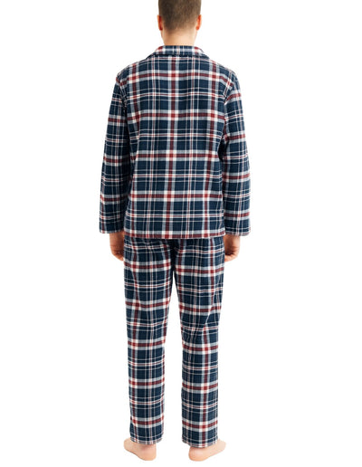 Mens Flannelette Pyjama Set Sleepwear Soft 100% Cotton PJs Two Piece - Navy/Red Check - XL