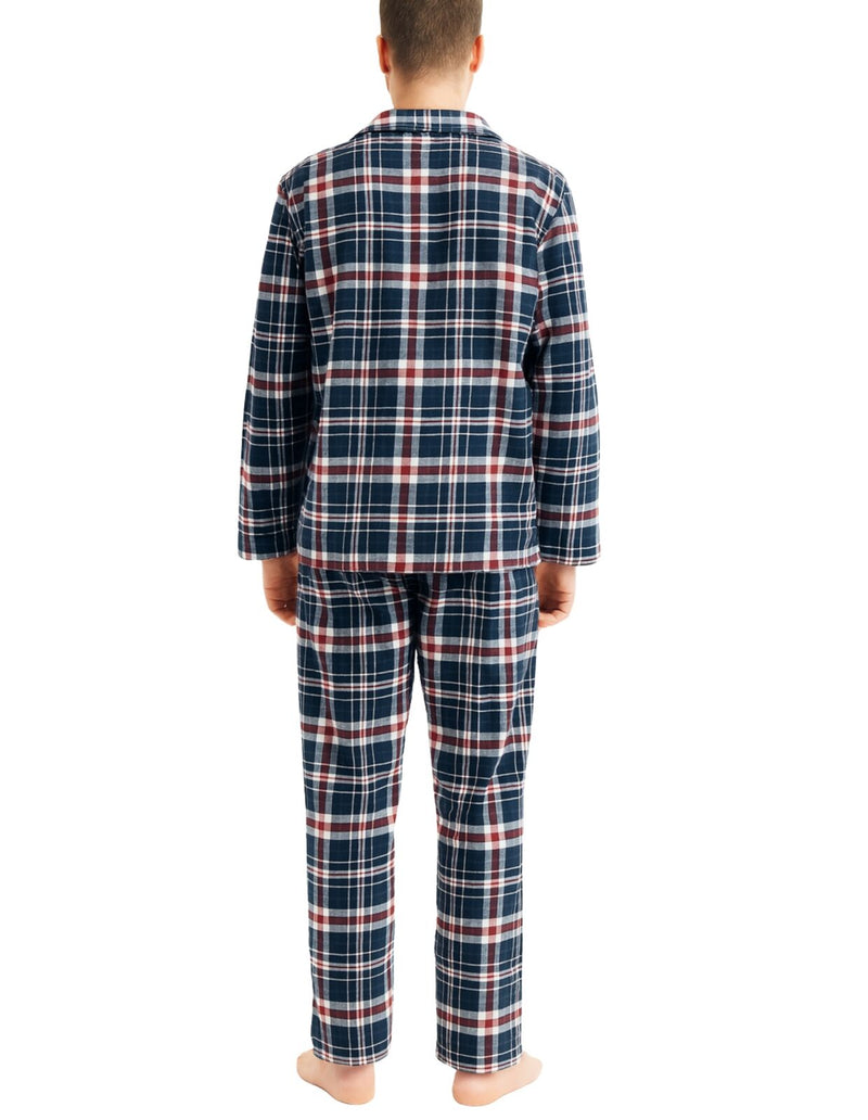 Mens Flannelette Pyjama Set Sleepwear Soft 100% Cotton PJs Two Piece - Navy/Red Check - XL
