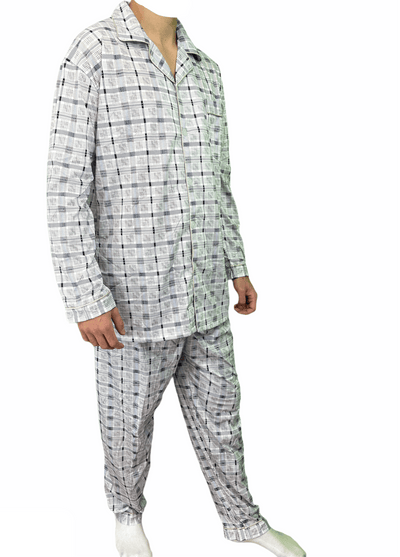 Mens Cotton Pajamas Pyjamas PJs Long Sleeve Shirt Tops + Pants Set Sleepwear - White/Blue - XL