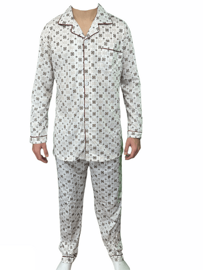 Mens Cotton Pajamas Pyjamas PJs Long Sleeve Shirt Tops + Pants Set Sleepwear - White/Brown - M