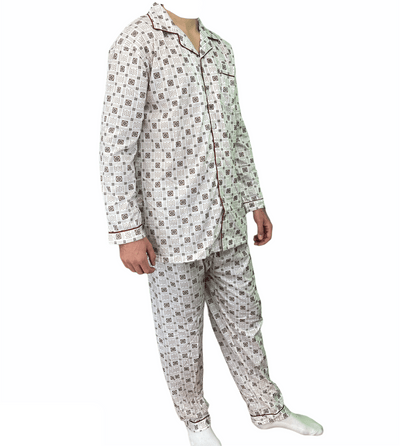 Mens Cotton Pajamas Pyjamas PJs Long Sleeve Shirt Tops + Pants Set Sleepwear - White/Brown - M