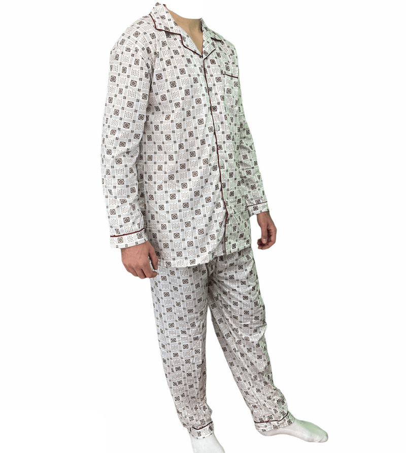 Mens Cotton Pajamas Pyjamas PJs Long Sleeve Shirt Tops + Pants Set Sleepwear - White/Brown - M