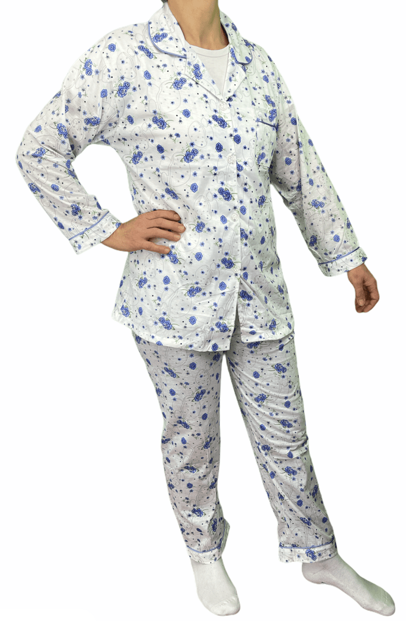 Womens PYJAMAS PJs Set Pajamas Ladies Cotton PJ Womens Long Sleeve Sleepwear - Blue - 22
