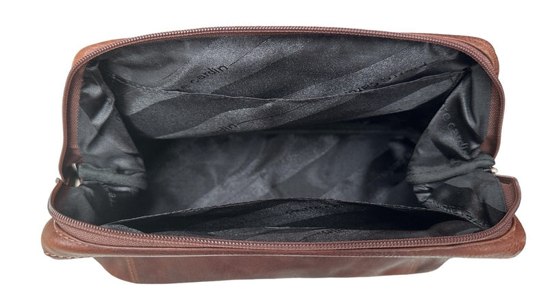 Pierre Cardin Mens Rustic Leather Toiletry Case Bag Travel - Cognac