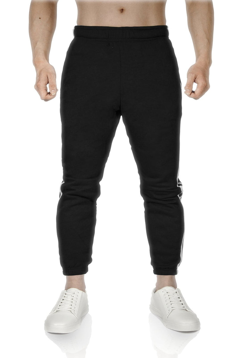 Mens Fleece Skinny Track Pants Jogger Gym Casual Sweat Trackies Warm Trousers - Black/White Stripe - L