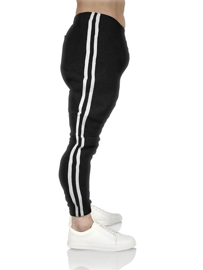 Mens Fleece Skinny Track Pants Jogger Gym Casual Sweat Trackies Warm Trousers - Black/White Stripe - L