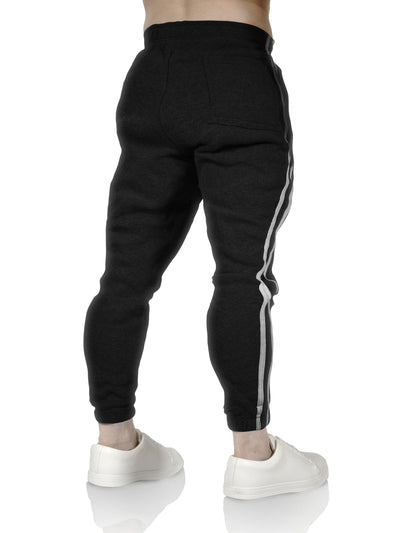 Mens Fleece Skinny Track Pants Jogger Gym Casual Sweat Trackies Warm Trousers - Black/White Stripe - M