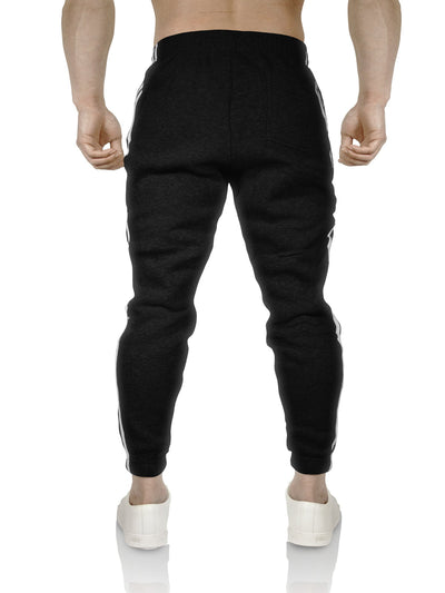 Mens Fleece Skinny Track Pants Jogger Gym Casual Sweat Trackies Warm Trousers - Black/White Stripe - M