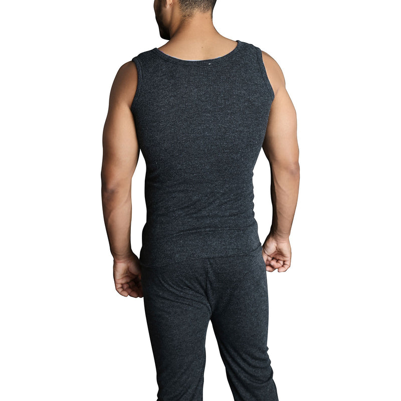 Mens THERMAL Merino Wool Blend Singlet Top Sleeveless Warm Underwear - Black - Black - XXL