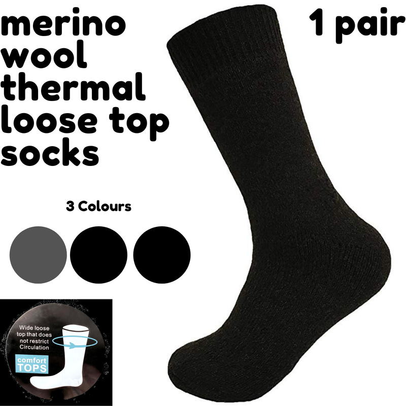 Merino Wool Mens Loose Top Thermal Socks Diabetic Comfort Circulation - 1 Pair - Black - 11-14
