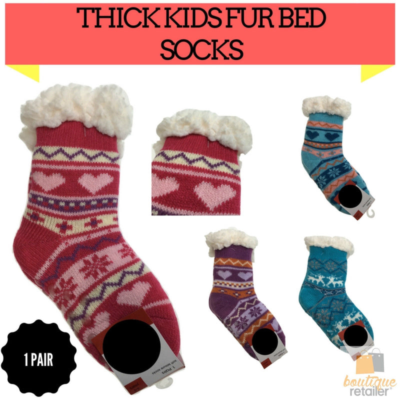 1 Pair KIDS Thick Fur Bed Socks Boys Girls Soft Work Fluffy Slippers Non Slip - 2-8 Years Old