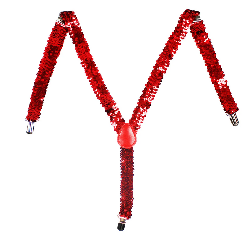 SEQUIN SUSPENDERS Unisex Adjustable Braces Clip On Elastic Y-Back  - Red