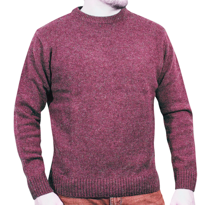 100% SHETLAND RAGG WOOL CREW Round Neck Knit JUMPER Pullover Mens Sweater Knitted - Burgundy - 5XL