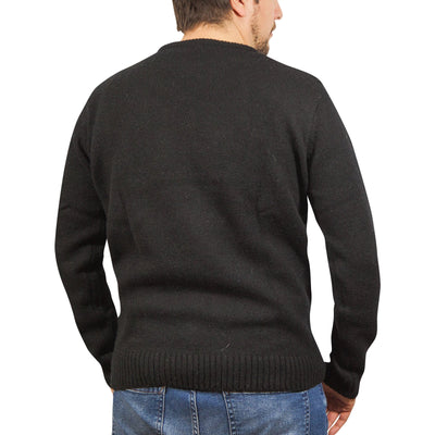 100% SHETLAND WOOL CREW Round Neck Knit JUMPER Pullover Mens Sweater Knitted - Plain Black - M