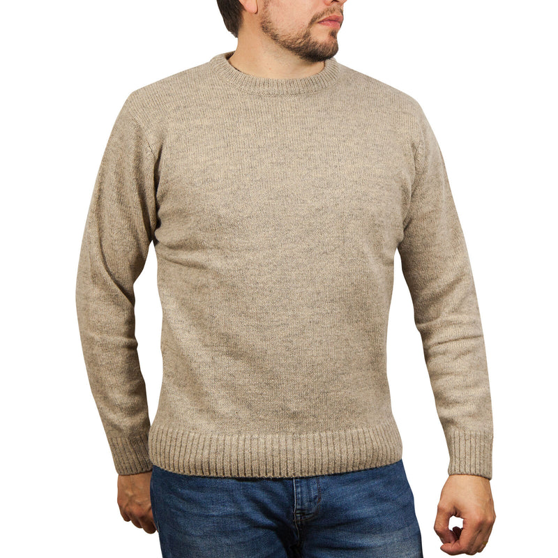 100% SHETLAND RAGG WOOL CREW Round Neck Knit JUMPER Pullover Mens Sweater Knitted - Beige - 4XL