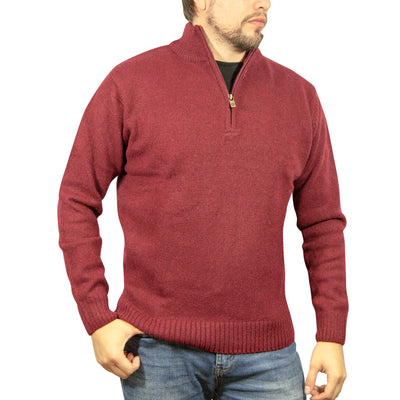 100% SHETLAND WOOL Half Zip Up Knit JUMPER Pullover Mens Sweater Knitted - Burgundy (97) - L