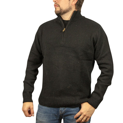 100% SHETLAND RAGG WOOL Half Zip Up Knit JUMPER Pullover Mens Sweater Knitted - Plain Black - XXL