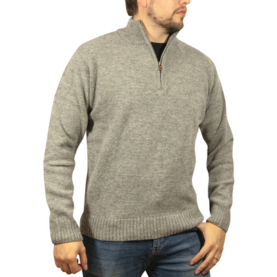 100% SHETLAND RAGG WOOL Half Zip Up Knit JUMPER Pullover Mens Sweater Knitted - Grey - M