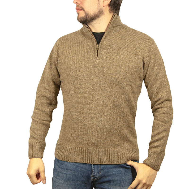 100% SHETLAND RAGG WOOL Half Zip Up Knit JUMPER Pullover Mens Sweater Knitted - Nutmeg - 3XL