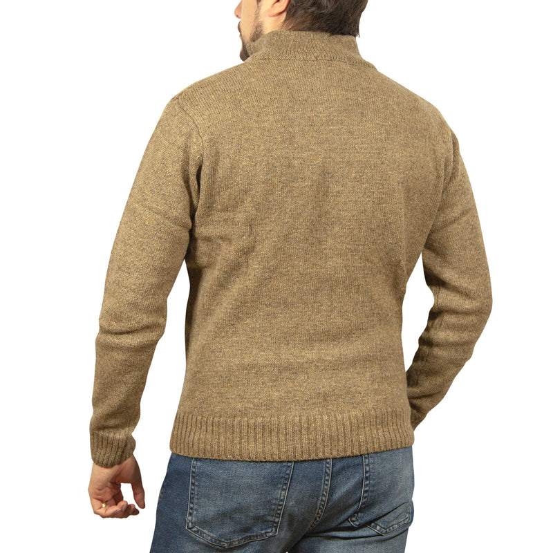 100% SHETLAND RAGG WOOL Half Zip Up Knit JUMPER Pullover Mens Sweater Knitted - Nutmeg - XL