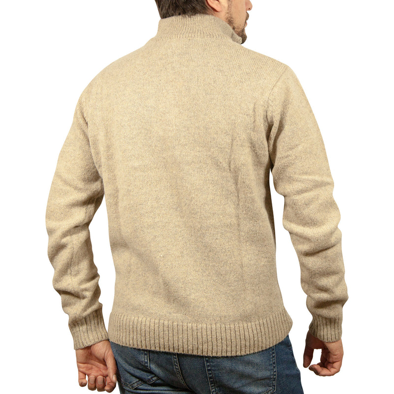 100% SHETLAND RAGG WOOL Half Zip Up Knit JUMPER Pullover Mens Sweater Knitted - Oat Marle - 6XL
