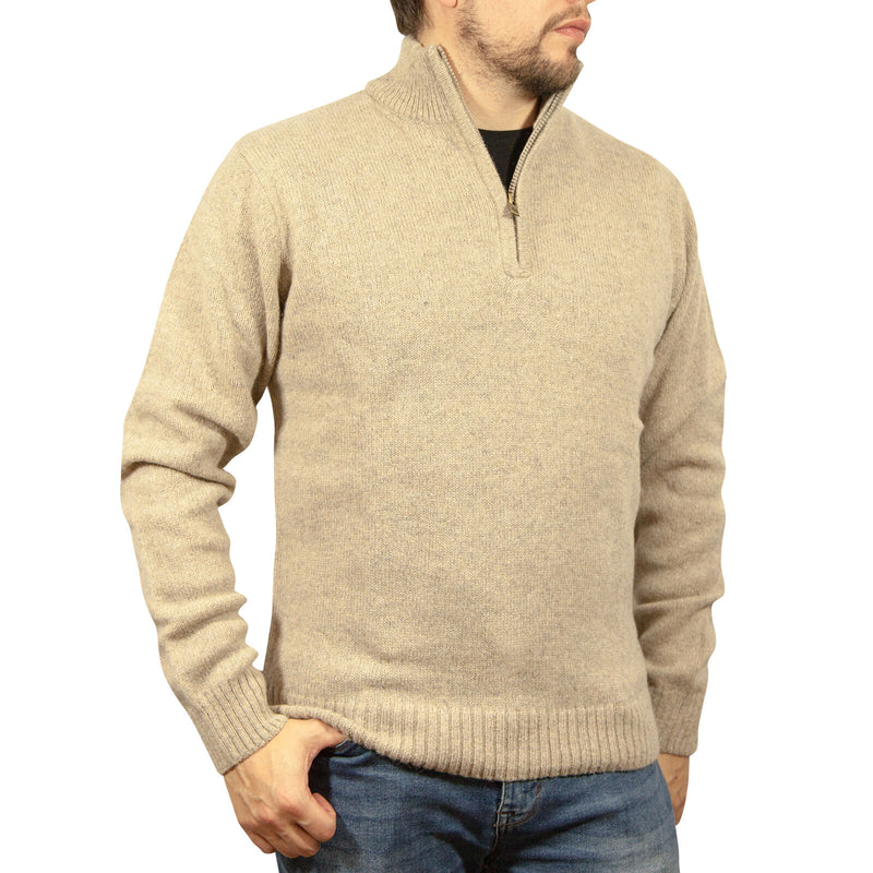 100% SHETLAND RAGG WOOL Half Zip Up Knit JUMPER Pullover Mens Sweater Knitted - Oat Marle - M