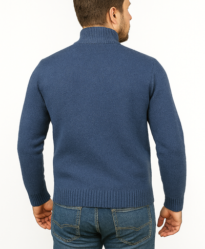 100% SHETLAND RAGG WOOL Half Zip Up Knit JUMPER Pullover Mens Sweater Knitted in Sky  - S