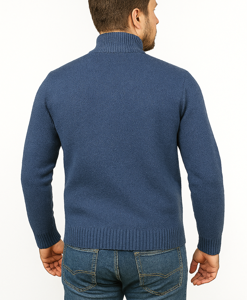100% SHETLAND RAGG WOOL Half Zip Up Knit JUMPER Pullover Mens Sweater Knitted in Sky  - S