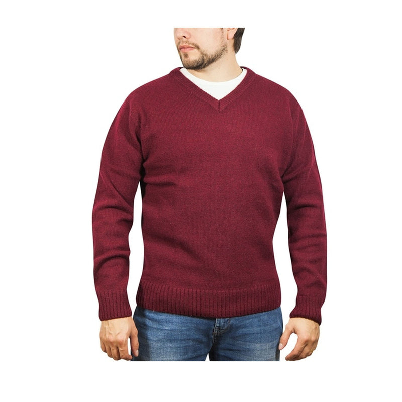 100% Shetland Ragg Wool V Neck Knit Jumper Pullover Mens Sweater Knitted - Burgundy - XXL
